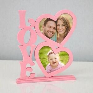 Pink LOVE Double Heart Picture Frame Plastic Valentines Day Tabletop Decor Gift